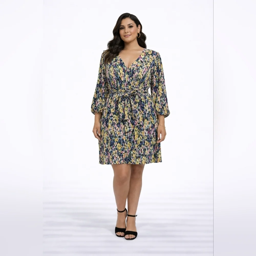 Vero Moda Curve Ribbed Floral Mini Dress Size 18 | Pleated Tie Waist